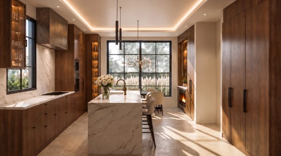 Kitchen with a marble island and timber cabinetry
